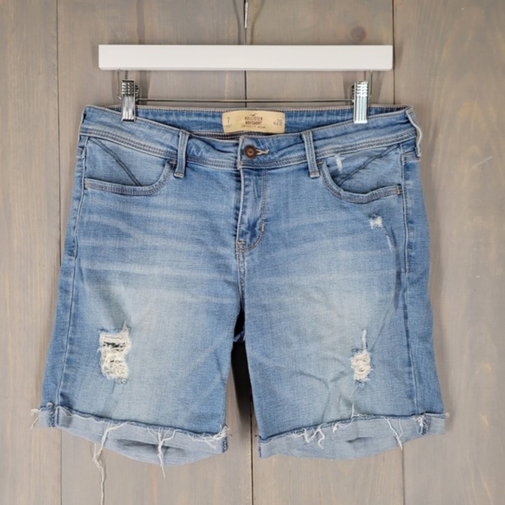 Hollister Denim Boyshort Shorts Women 28 Blue Low Rise Distressed 7 Inseam